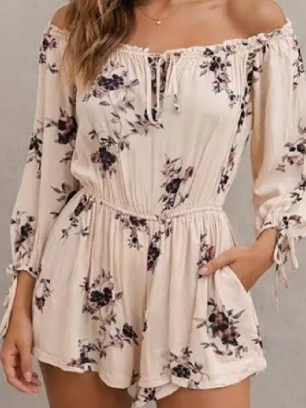 Free People M Blush Pink Floral Print Off Shoulder Boho Romper - Picture 3 of 12